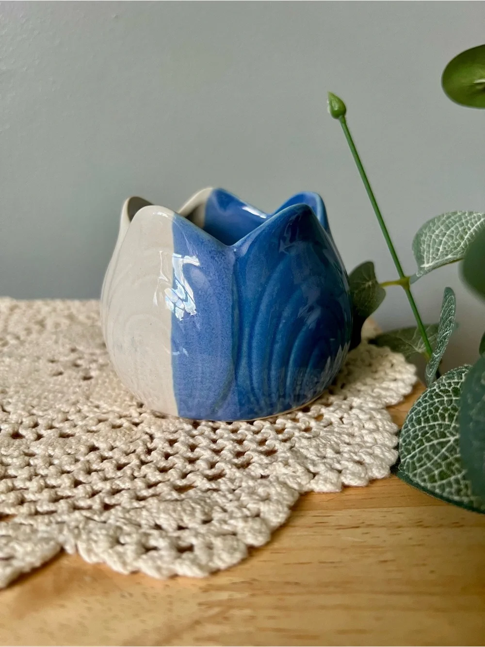 Vintage 1986 Blue & Oat Ceramic Tulip Candle Holder Trinket Dish Handmade